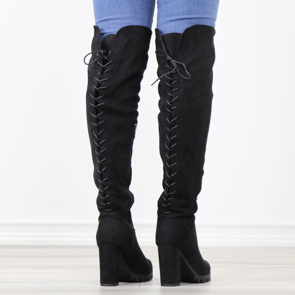 Full Lace-Up Back Black Faux Suede Thigh High Over The Knee Lug Block Heel Boots - Picture 11 of 14